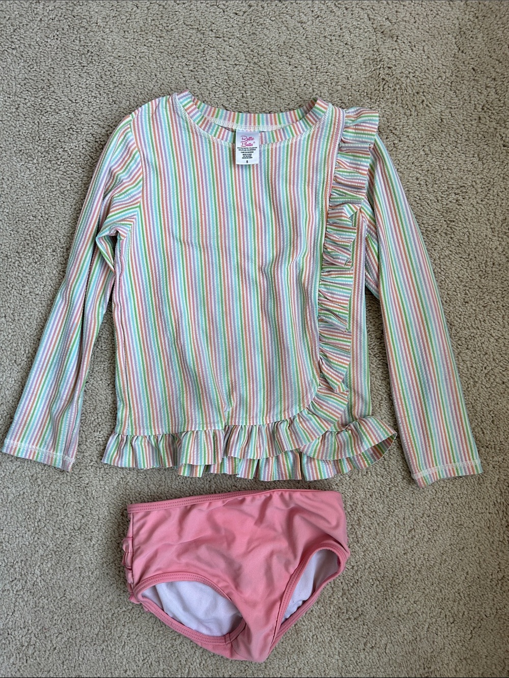 Ruffle Butts, Pastel Striped Ruffle Rash Guard with Pink Swim Bottoms, GUC, 5
